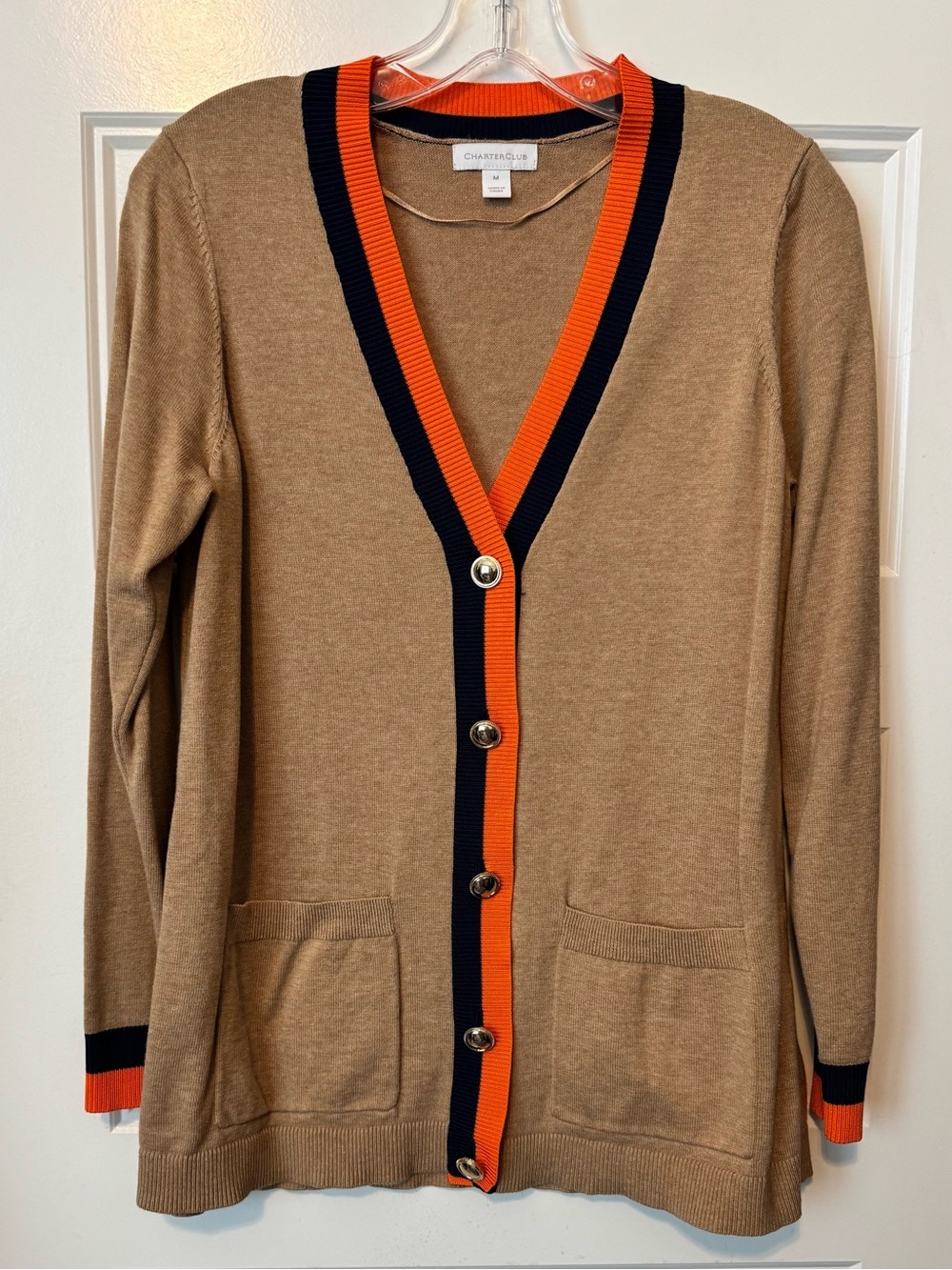 Charter Club Tan Cardigan Sweater M Orange Navy Contrast Trim Preppy Pockets